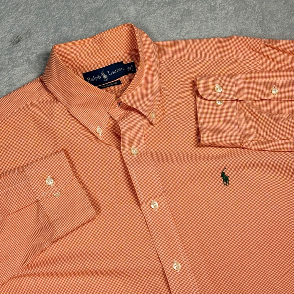 Ralph Lauren Classic Fit Gingham Button Down Shirt Orange White Men L